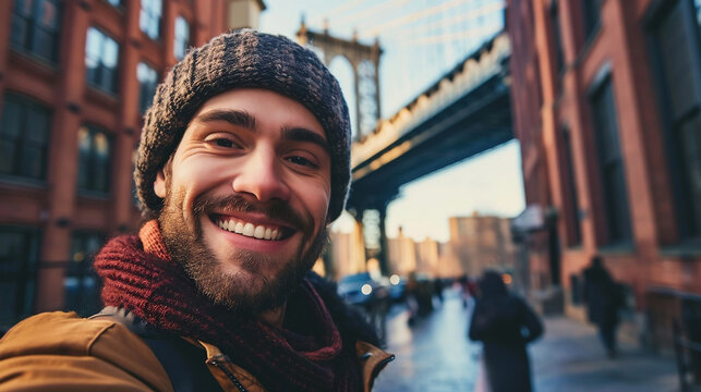 Happy tourist take selfie self-portrait with smartphone in New York Manhattan - Smiling man on vacation looking at camera - Holidays and travel concept