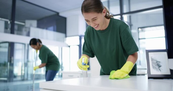 Women, cleaning office and laughing with colleague, service and happy for job, coworker and hygiene. Workers, workplace and smile for disinfection, fun and enjoy as staff, bacteria and janitors