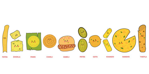 Gujarati food illustration, Gujarati snacks vector icon isolated,patra,dhokla,fafda icon set,cute avatar, - obrazy, fototapety, plakaty