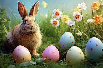 Fototapeta premium Easter. Bunny on the Meadow with Colorful Painted Eggs.