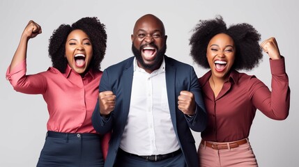 Dark skinned bearded man triumphant exclaims loudly clenches fist celebrate something stands in centre between two cheerful women smile happily dressed casually isolated over white background - obrazy, fototapety, plakaty
