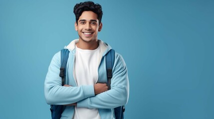 Studio shot of young happy smiling Hindu male student standing isolated in centre on blue background wearing casual hoodie and jeans with white leather bag on left shoulder photography