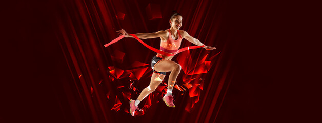 Header, banner or proposal flyer. Young attractive, athletic woman running to finish in energetic...