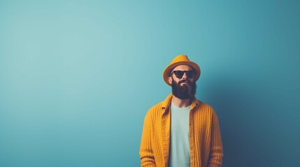 Picture of hipster man standing isolated over blue background