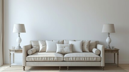 beige sofa with white pillows and table on the side with lamp, white wall, minimalist interior design living room