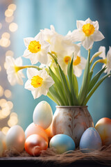 Colorful Easter eggs and daffodils, narcissus flowers,  against blurred background. Easter decoration.