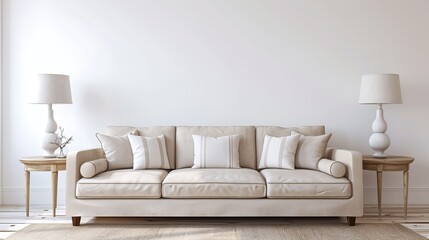 beige sofa with white pillows and table on the side with lamp, white wall, minimalist interior design living room