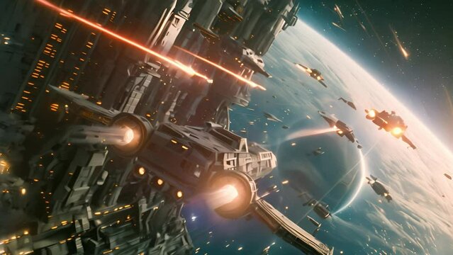 Space battle, space ships firing with lasers. Universe fight, battleships at war in cosmos