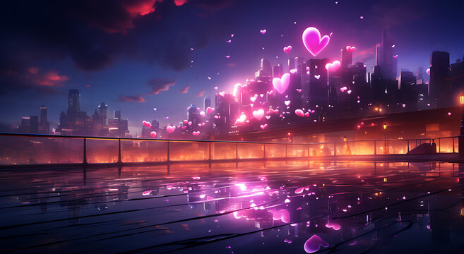 A neon hearts wallpaper that outlines a scene of love in a dreamy and romantic style