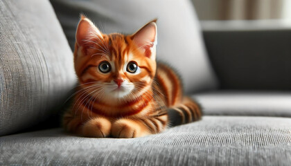 A cute red striped young cat lies on a gray sofa and looks attentively. - Powered by Adobe