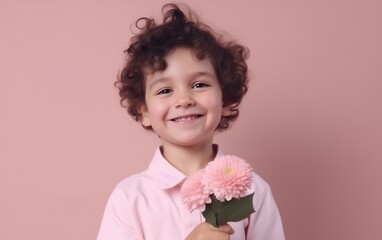 Obraz na płótnie Canvas a little boy smiles and holds out a flower