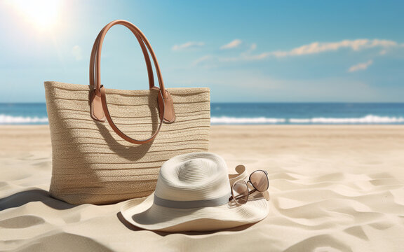 A beach bag with accessories, with a beach in the backdrop