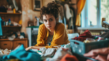 Frustrated Woman with ADHD Struggling to Clean Room Gen AI