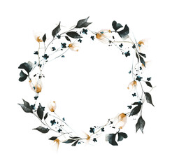 Watercolor painted floral round garland frame of black ginko biloba leaves, branches, orange poppy flowers. Hand drawn illustration template. Watercolour artistic template design.