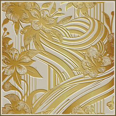 Gold 3d blossom sakura flowers textured emboss striped pattern with square frame. Relief ornamental embossed vector background. Floral surface grunge gold ornament with lines, stripes, flower, leaves