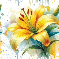 Watercolor beautiful lilies seamless pattern with splashes, drips. Dirty watercolor romantic background. Hand drawn paint yellow blossom lily flowers, leaves, buds. Modern textured artistic ornaments