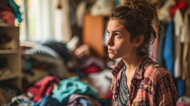 Frustrated Woman with ADHD Struggling to Clean Room Gen AI