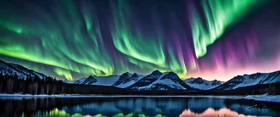 Aurora polar color verde y púrpura. Fenómeno natural de las regiones polares sobre lago cristalino. Aurora boreal nocturna. Hecho con IA. - obrazy, fototapety, plakaty
