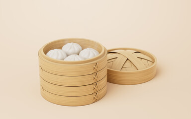 Chinese food baozi in food steamer, 3d rendering.