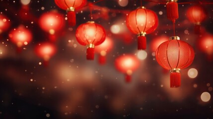 Red lantern lighting at night on Chinese new year background. Generative AI