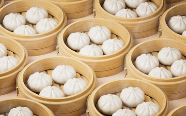 Fototapeta premium Chinese food baozi in food steamer, 3d rendering.