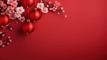 Red lanterns and cherry blossoms blooming on a red background, and space for text.