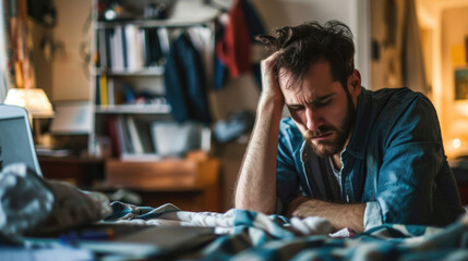 Struggling with ADHD - tired man in a busy and unorganized room struggling to leave home Gen AI