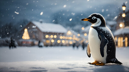 snowy background of penguin in the village , penguin on the snow