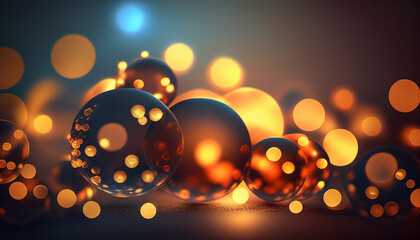 Lights and blue background of christmas bauble bokeh effect, in the style of light orange and dark...