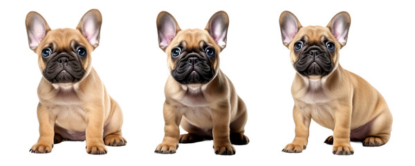 Group of French bulldog fawn color multi pose, puppy sitting, isolated on transparent or white background