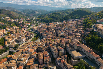 Aerial drone view of the old city centre in Cosenza, Calabria Italy