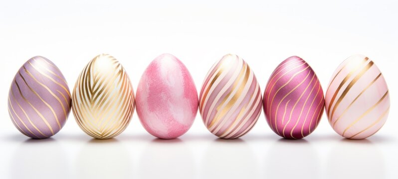 Easter holiday celebration banner greeting card - Set collection of colorful pink gold painted striped easter eggs, isolated on white table texture