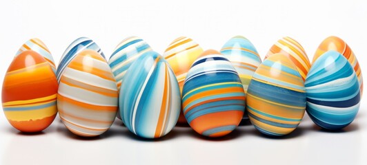 Fototapeta na wymiar Easter holiday celebration banner greeting card - Set collection of colorful orange blue painted striped easter eggs, isolated on white table texture