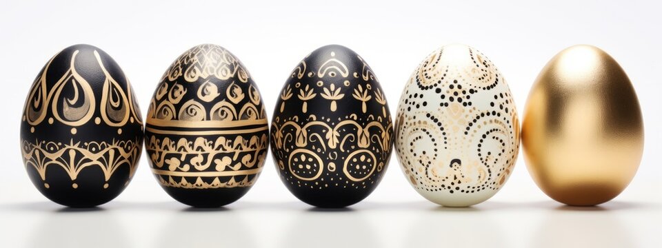 Easter holiday celebration banner greeting card - Set collection of colorful black gold painted easter eggs, isolated on white table texture