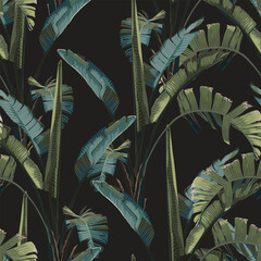 Tropical seamless pattern. Summer print. Jungle rainforest. Exotic plant, bananas, palms leaves. 