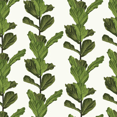 Floral seamless pattern, green fiddle leaf fig plant on light background, pastel vintage theme - 696899234