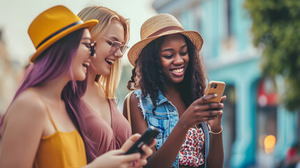 Multiracial young women using smart mobile phone device outside, Happy female friends watching funny memes on smartphone - obrazy, fototapety, plakaty