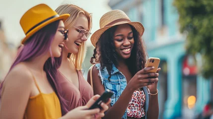 Fotobehang Multiracial young women using smart mobile phone device outside, Happy female friends watching funny memes on smartphone © Demencial Studies