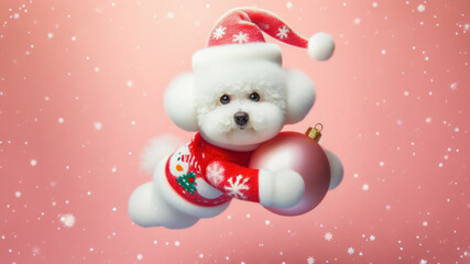 Abstract winter Christmas concept background with cute puppy dog holding a Christmas ball and falling snow.
