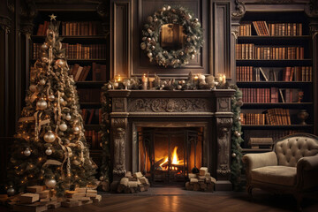 Fototapeta na wymiar Cozy Christmas Setting. Festive Home Interior with Adorned Tree and Fireplace.
