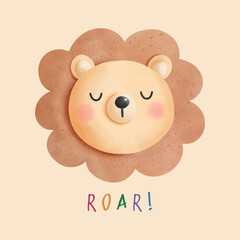 Cute lion in watercolor style, Baby Room Wall Art, cartoon nursery animal, baby shower decoration, Concept for children print.