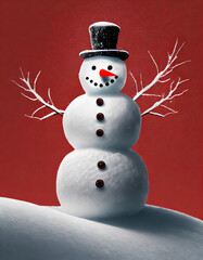 snowman with a black hat with a snow , red background - obrazy, fototapety, plakaty