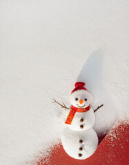 snowman with a red santa's hat and scarf on a snow 