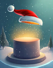 christmas style product podest with a winter background and santa's hat