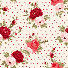 Seamless pattern, tileable floral country holiday print with roses, dots and flowers for wallpaper, wrapping paper, scrapbook, fabric and polka dot roses product design