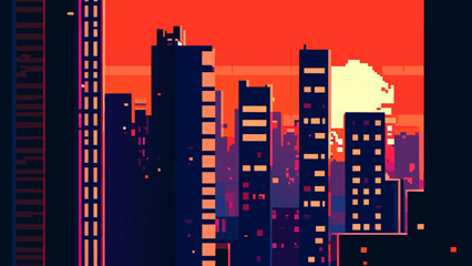Pixel art cityscape at night. vektor icon illustation