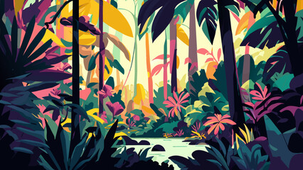 Lush rainforest with exotic flora. vektor icon illustation