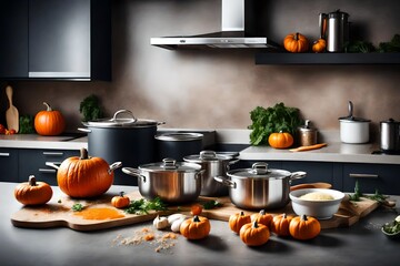 studio-shot of preparing lunch for the family. cooking pumpkin soup in a modern kitchen. 
