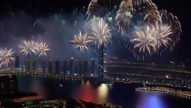Shots and explosions of colorful fireworks on the background of the city and lake. A short video of colorful New Year's fireworks.