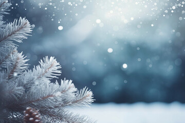 Fototapeta na wymiar Seasonal Elegance. Christmas Tree Twig in Blurred Snowy Landscape.